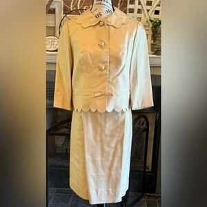 Vintage Gold Linen Silk Blend Suit Scalloped Bow Small Rich’s Department Store